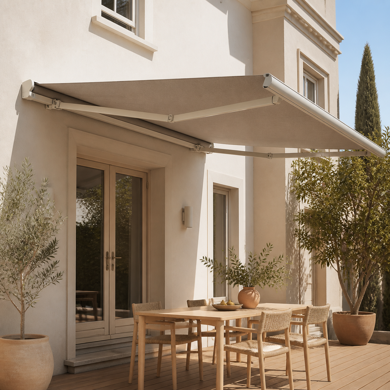 Neutral folding-arm awning extended over a timber outdoor entertaining area