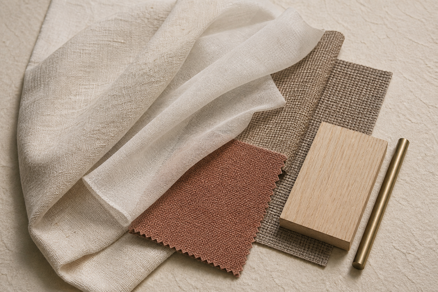 Layered samples of sheer, linen and blind materials in warm neutral tones