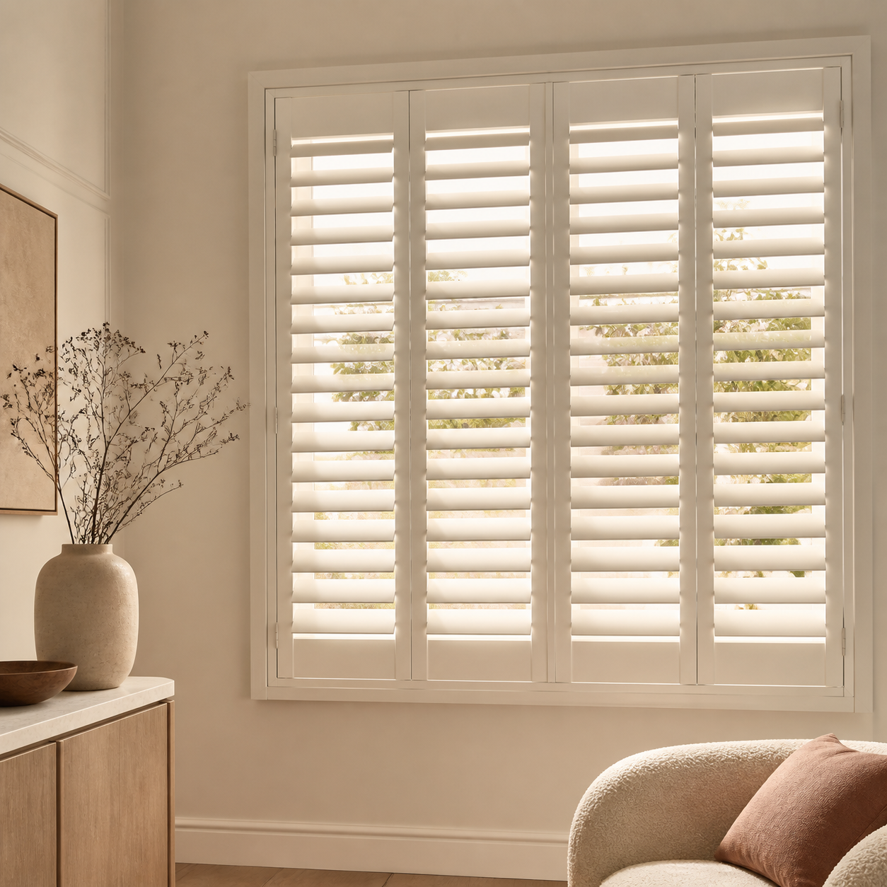 White plantation shutters with broad adjustable louvres