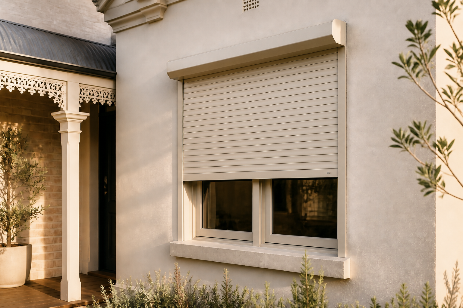 Warm neutral roller shutter partially lowered over an exterior window