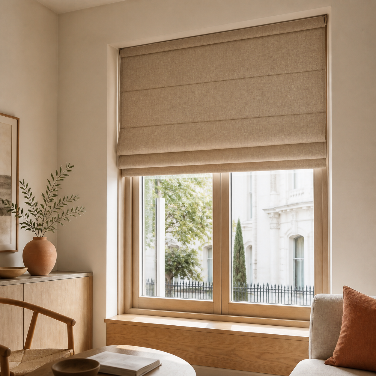 Warm taupe Roman blind with broad fabric folds over a timber-framed window
