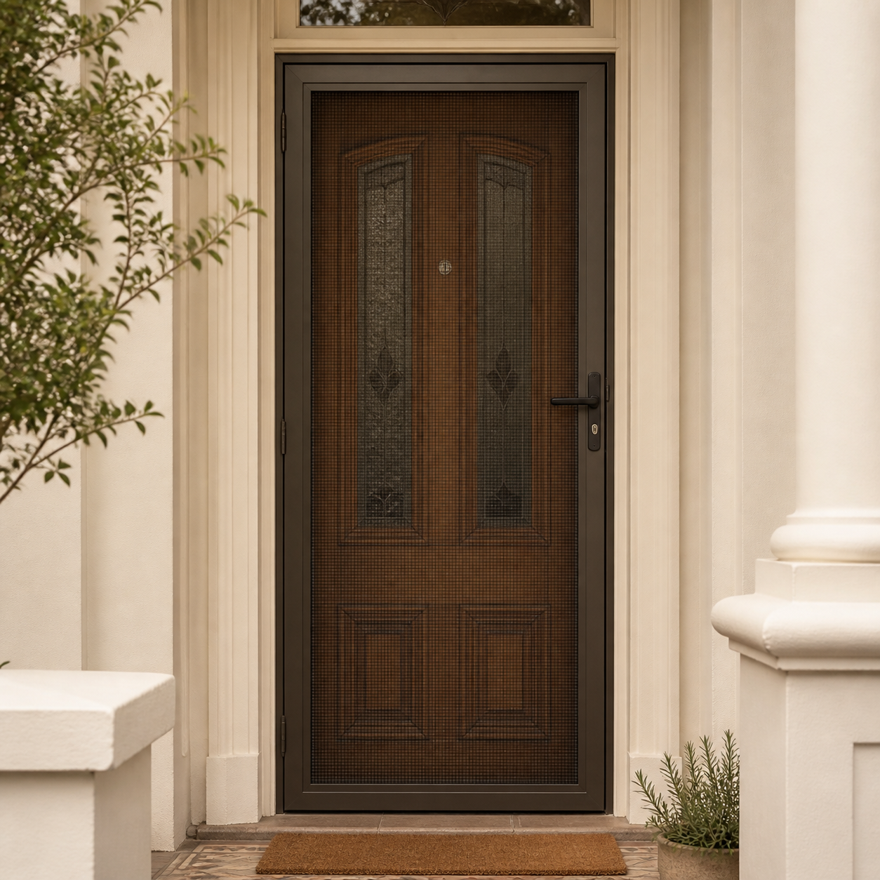 Dark bronze security screen door fitted in front of a timber entry door