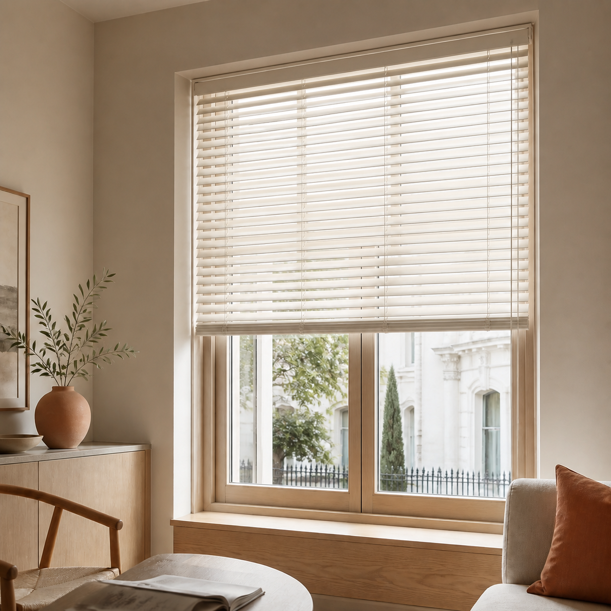 Warm off-white Venetian blinds with adjustable horizontal slats