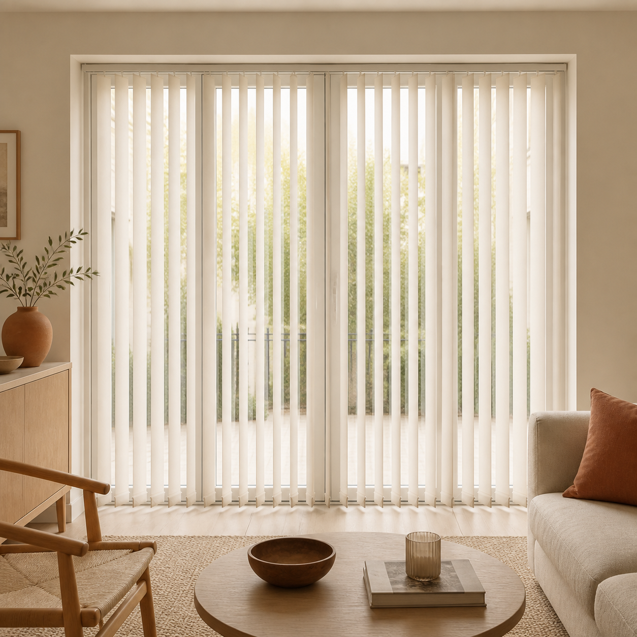 Warm ivory vertical blinds fitted across a broad sliding glass door