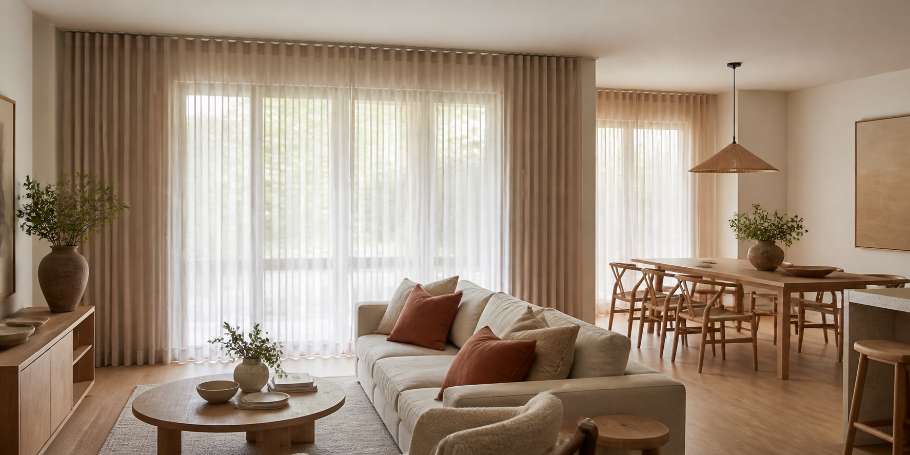 Warm living room with full-height layered sheer curtains and drapes