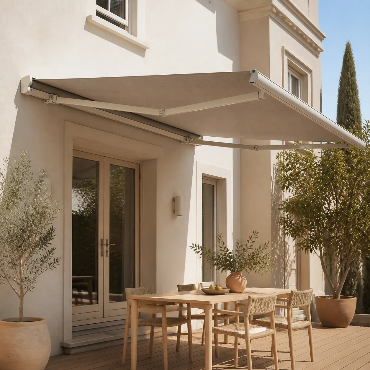 Neutral folding-arm awning extended over a timber outdoor entertaining area