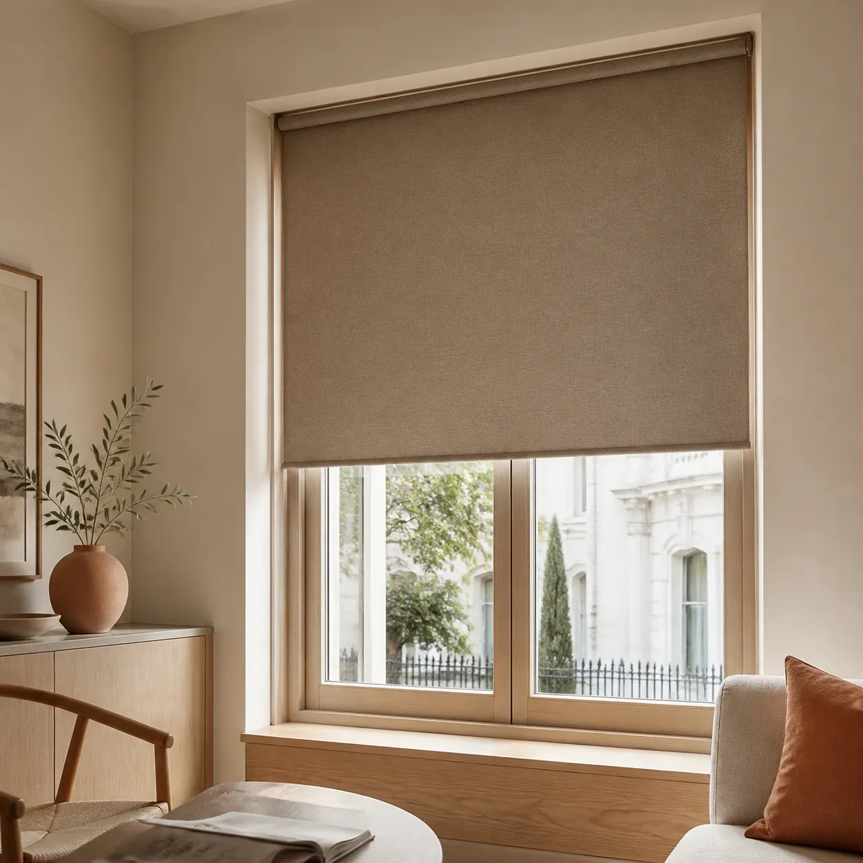 Warm taupe roller blind partially lowered over a timber-framed window